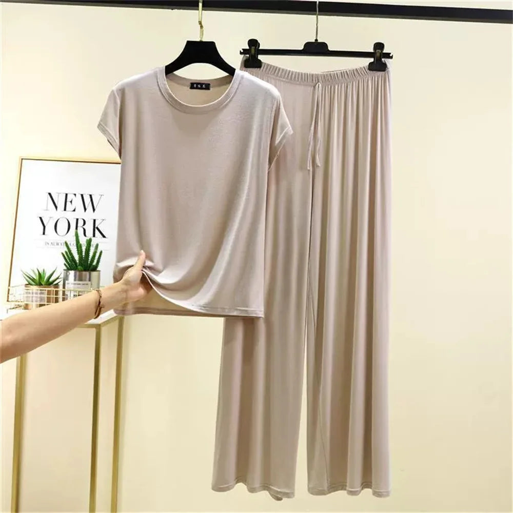 2025 Oversized M to 6XL Short Sleeve Tshirts and Wide leg pants Solid color Summer Modal Pajamas sets Casual homewear 2pcs suit