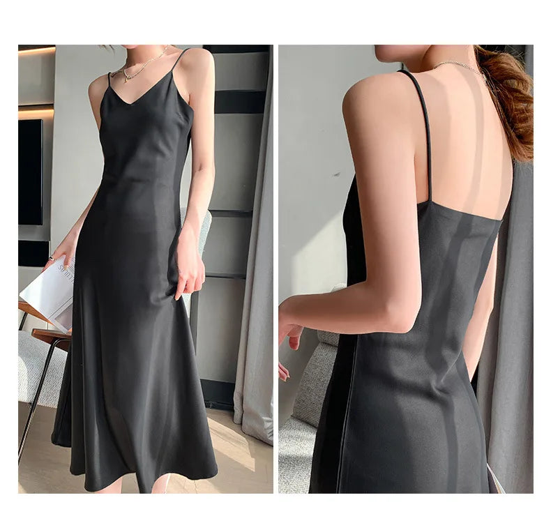 Sexy Solid Color Camisole Nightgown for Women Midi Length Sleeveless Slip Dress Inner Layer Base Dress Home Sleepwear Nightwear