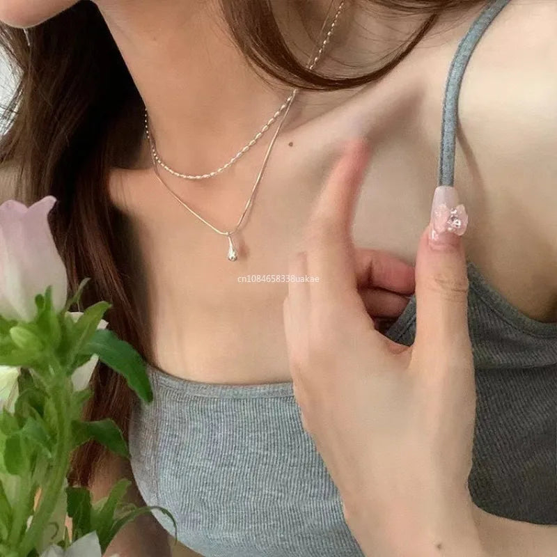 2025 Silver Design Drop Pendant Necklace For Women'S Double Collar Chain Fashion Fine Jewelry Gifts Long Layered Necklace