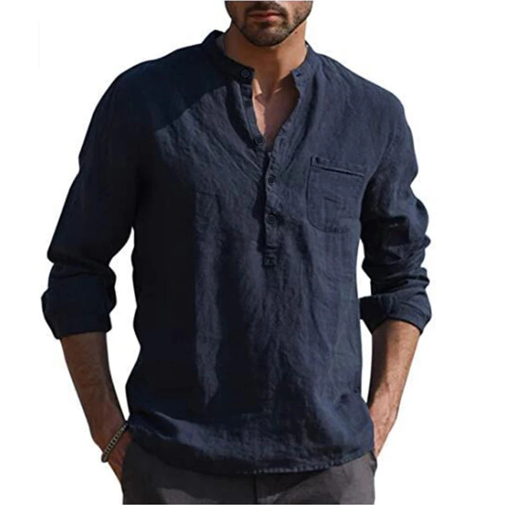Cotton Linen  Men'S Long-Sleeved Shirts Summer Solid Color Stand-Up Collar Casual Beach Style Plus Size