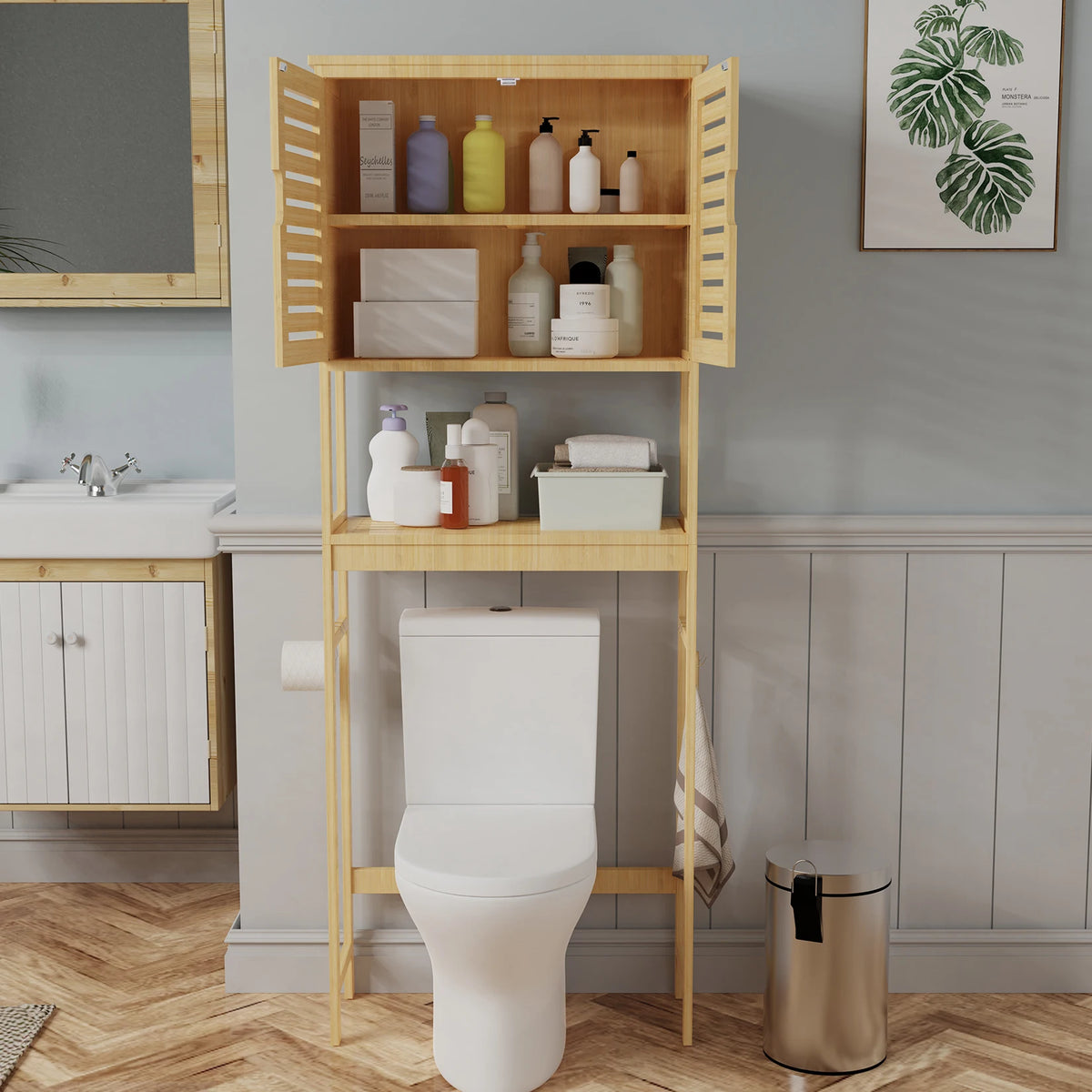 Over The Toilet Storage Cabinet, Tall Bathroom Cabinet Organizer with Cupboard and Adjustable Shelves, Freestanding Toilet Shelf