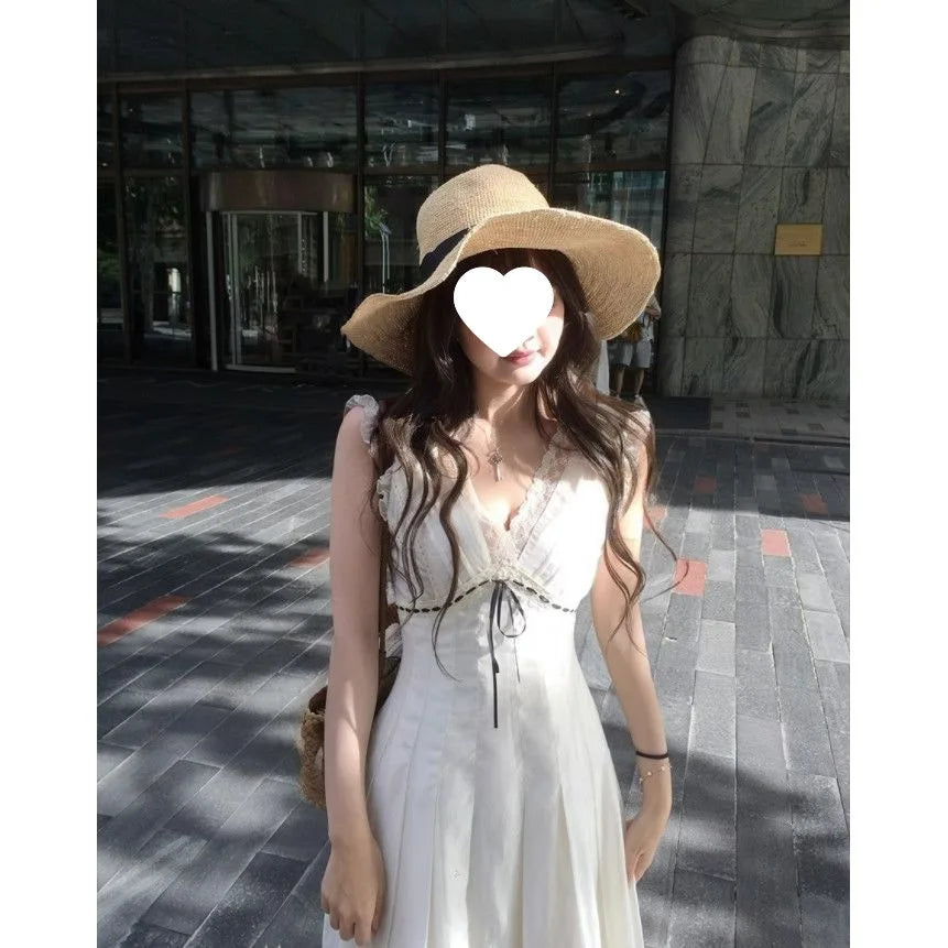 plus Size French Collar Lace Splice Sleeveless Dress Women Summer Slimming Long Dress Waist Cinched V Neck Knitted Fabric