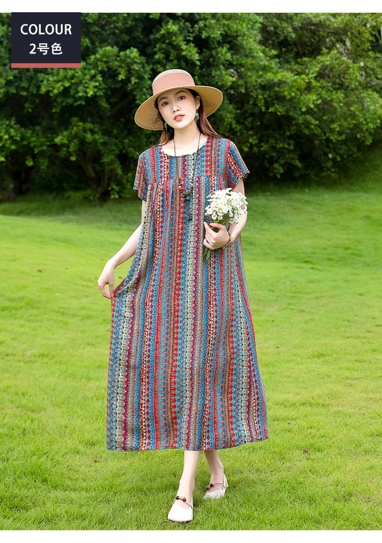 New Fashion Casual 2025 Summer Elegant Dresses For Women O-Neck Print Vintage Short Sleeve Dress Loose Women Clothing