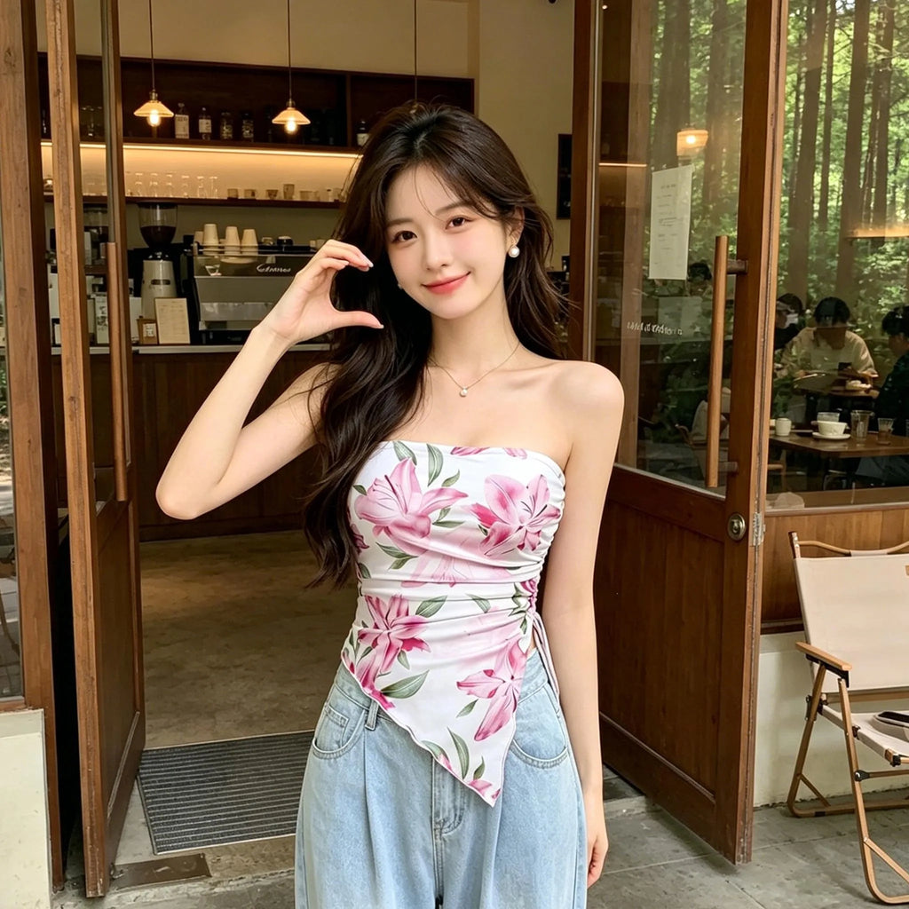 Women's Pink Tube Top Floral Print Ruched Side Tie Asymmetric Hem Sleeveless Strapless Top Spring Summer Fashion Casual Crop Top