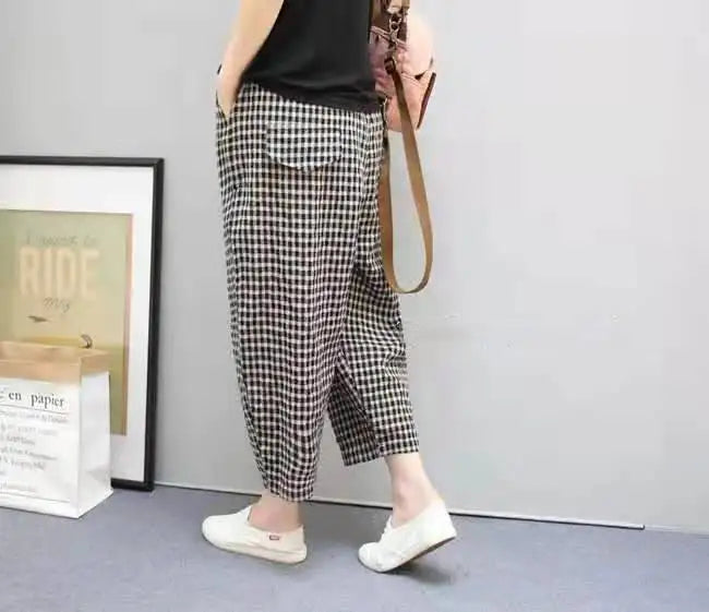 Summer Plaid Fashion Haren Pants Women High Street Casual Loose Pockets High Waist Pure Cotton All-match Comfortable Trousers