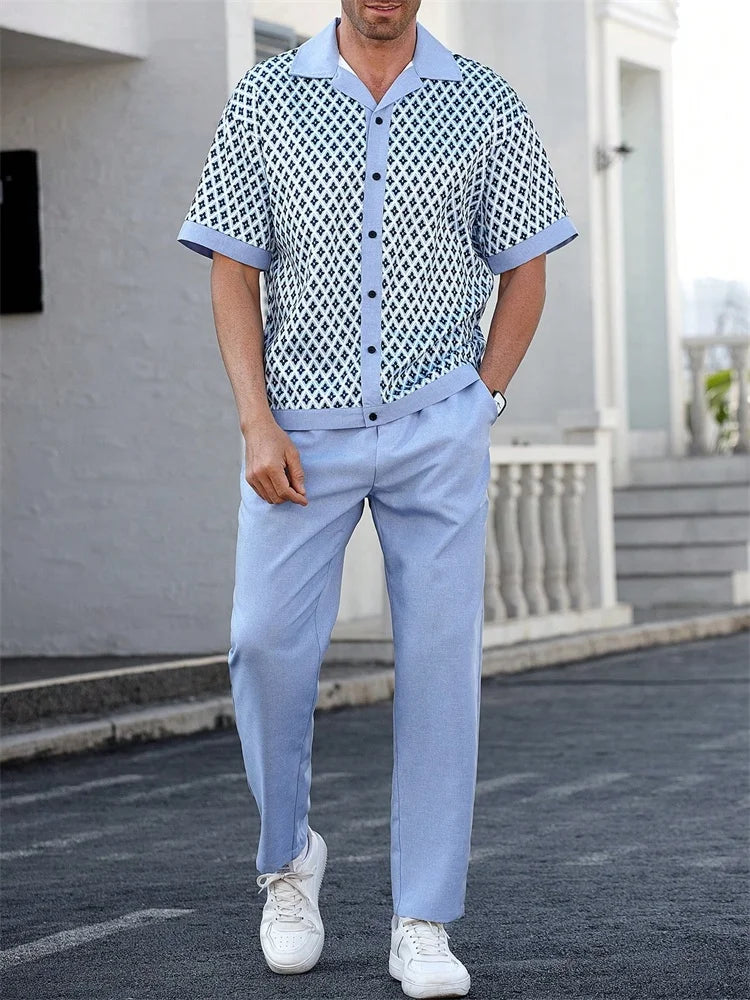 Mens Geometric Color Block Short Sleeve Two Piece Set For Autumn Casual Comfort And Fashion