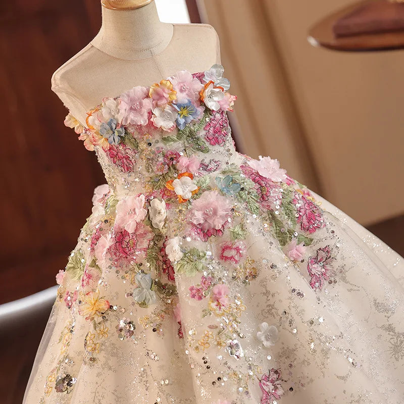 HETISO 1-14Y Flower Girl Dress Lace Sleeveless Princess Toddler Kids Children's Wedding Evening 1st Birthday Pageant Party Gown