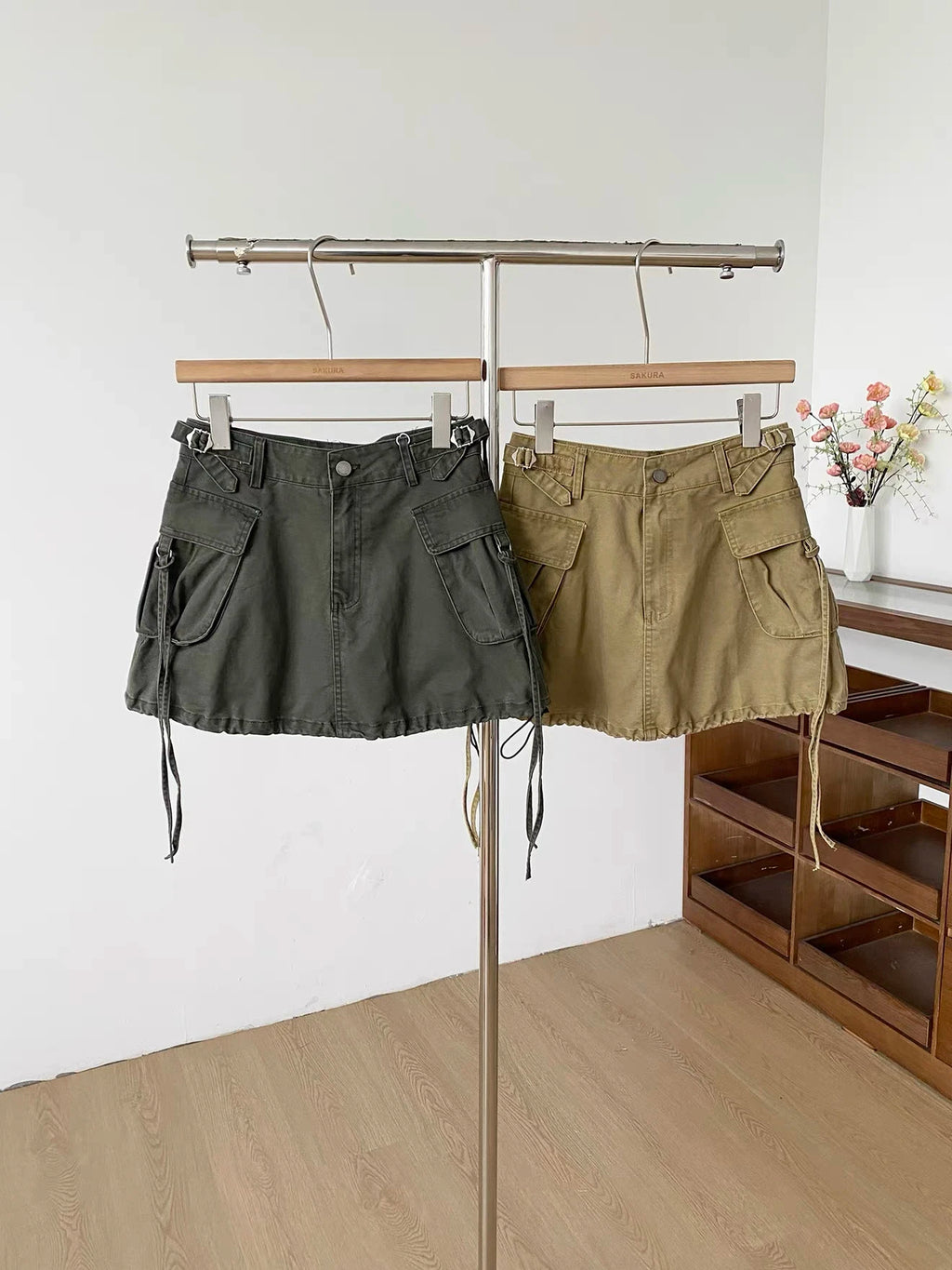 Women's Autumn Winter Pockets Drawstring Denim Skirt Lady Solid Color High Waist A Line Short Skirt