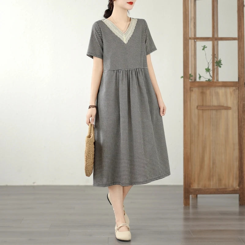 Retro Fashion Casual Plaid Dress Women Summer New V-neck Lace Splicing Loose Slimming Skirt over Knee Cotton Polyester Blend