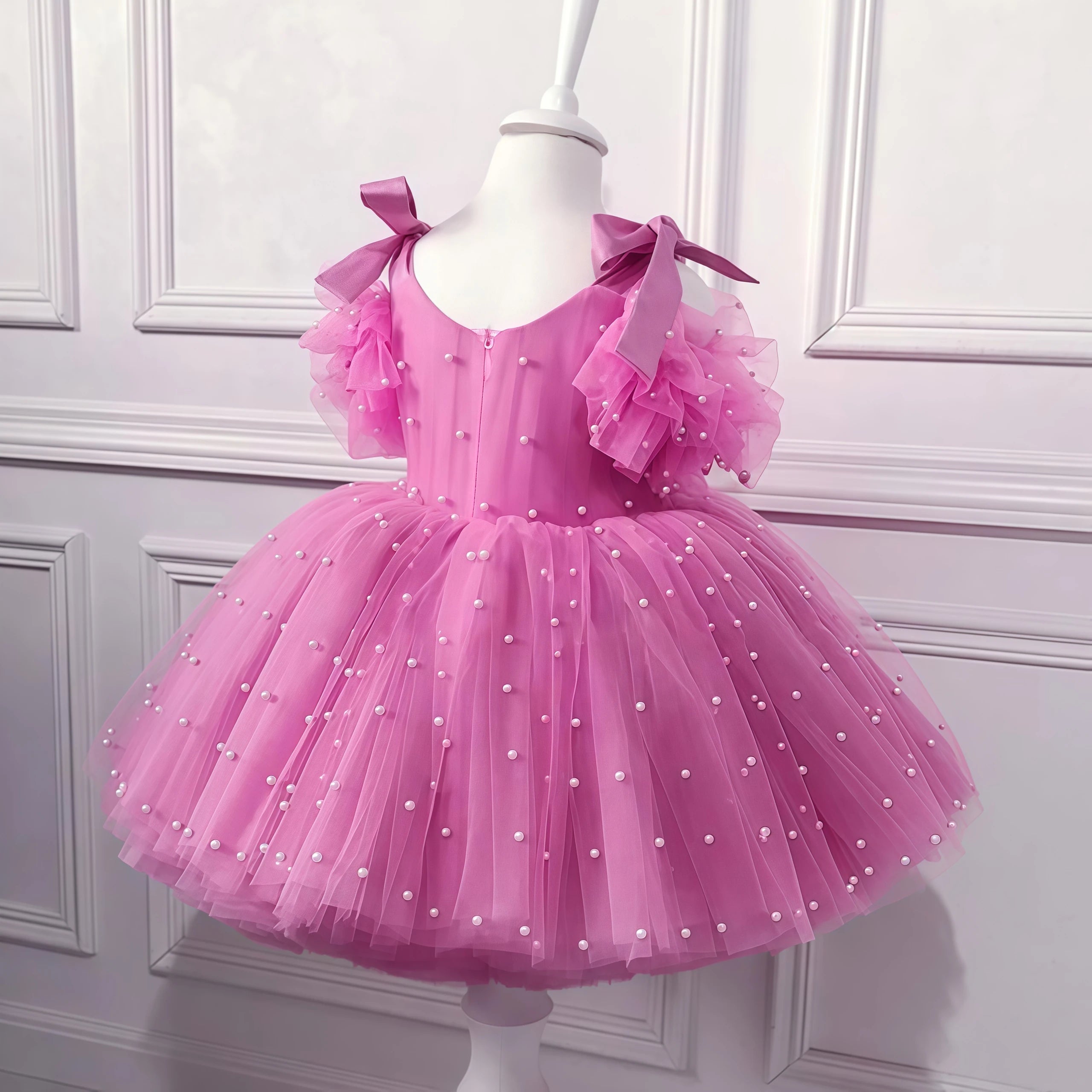 Flower Girls Elegant Cute Bow Pearls Tulle Princess Dress For Toddler Kids Formal Birthday Party Wedding Prom Pageant Puffy Gown