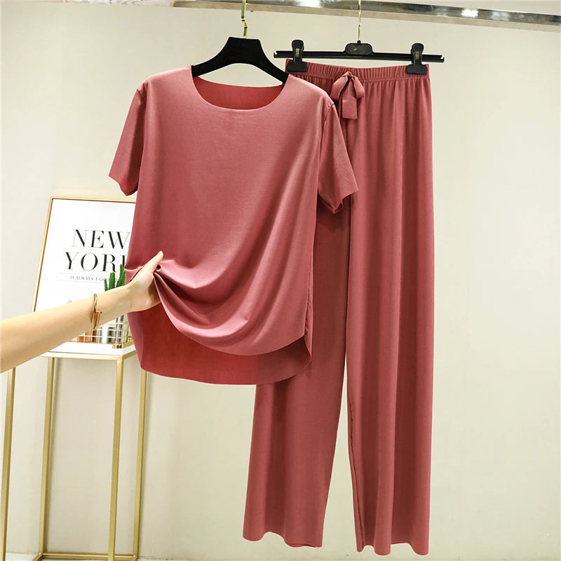 Women's Ice Silk Two-Piece Set - Round Neck T-Shirt and Loose Pants