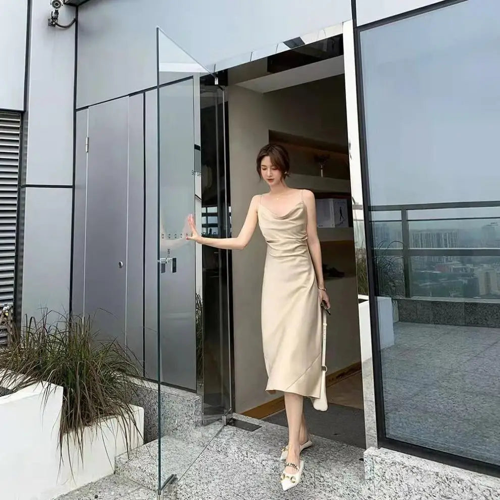 Slimming A-Line Midi Dress Women's Summer 2026 New Style Drapey Strapless Gown Gentle Wind Long Dress Polyester Solid Color