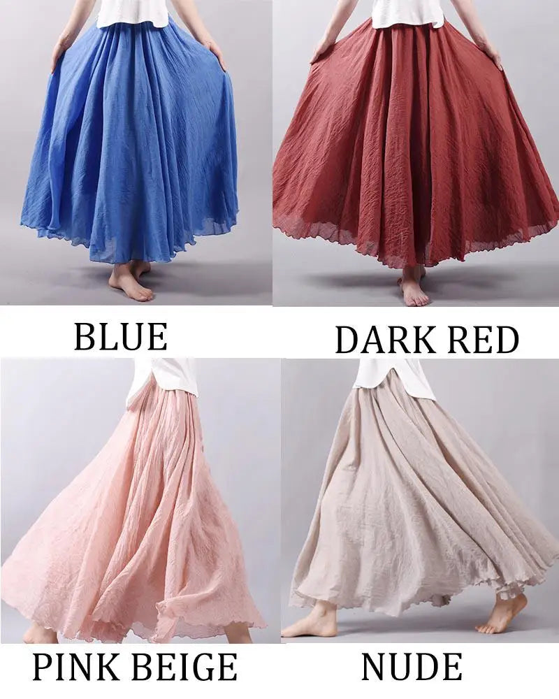Women's Elegant High Waist Linen Maxi Skirt 2026 Summer Ladies Casual Elastic Waist 2 Layers Skirts Saia Feminina 20 Colors SK53