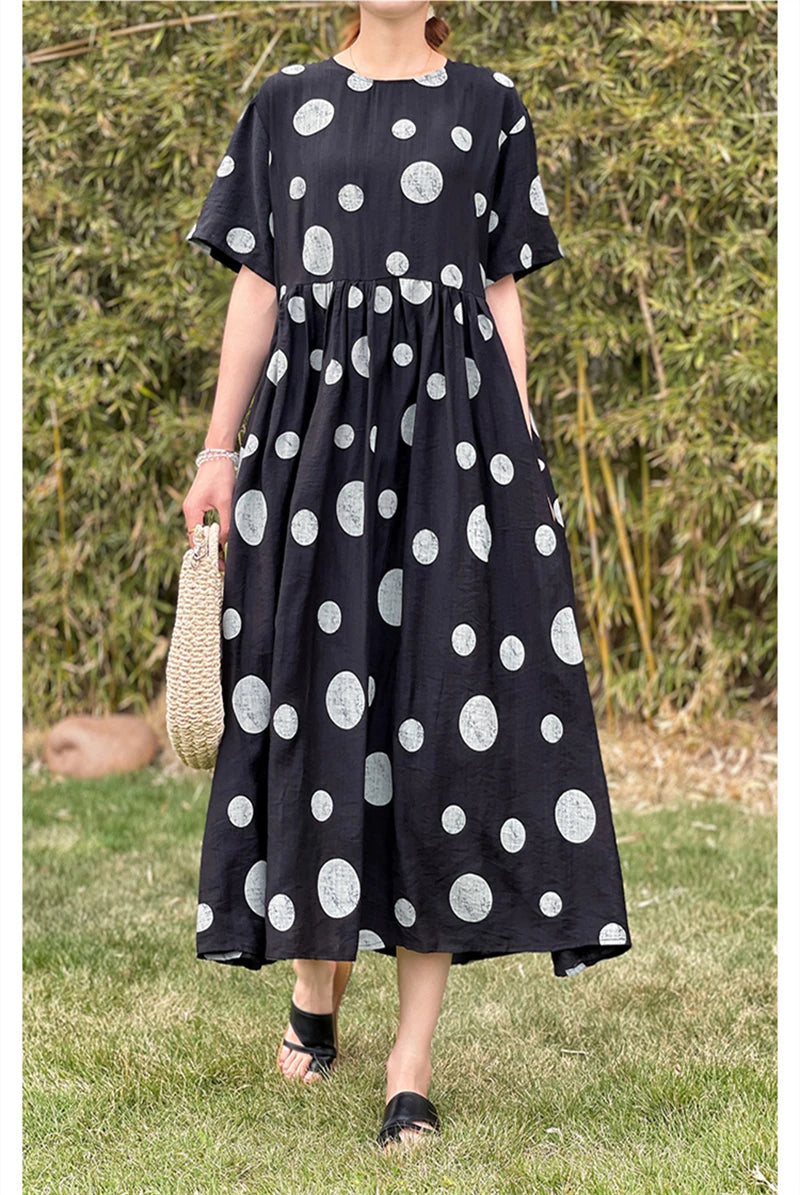 Summer Cotton Vintage Casual Loose Black Dresses For Women Short Sleeve Polka Dot Dress Femme Robe Vestidos Elegant Long Clothes