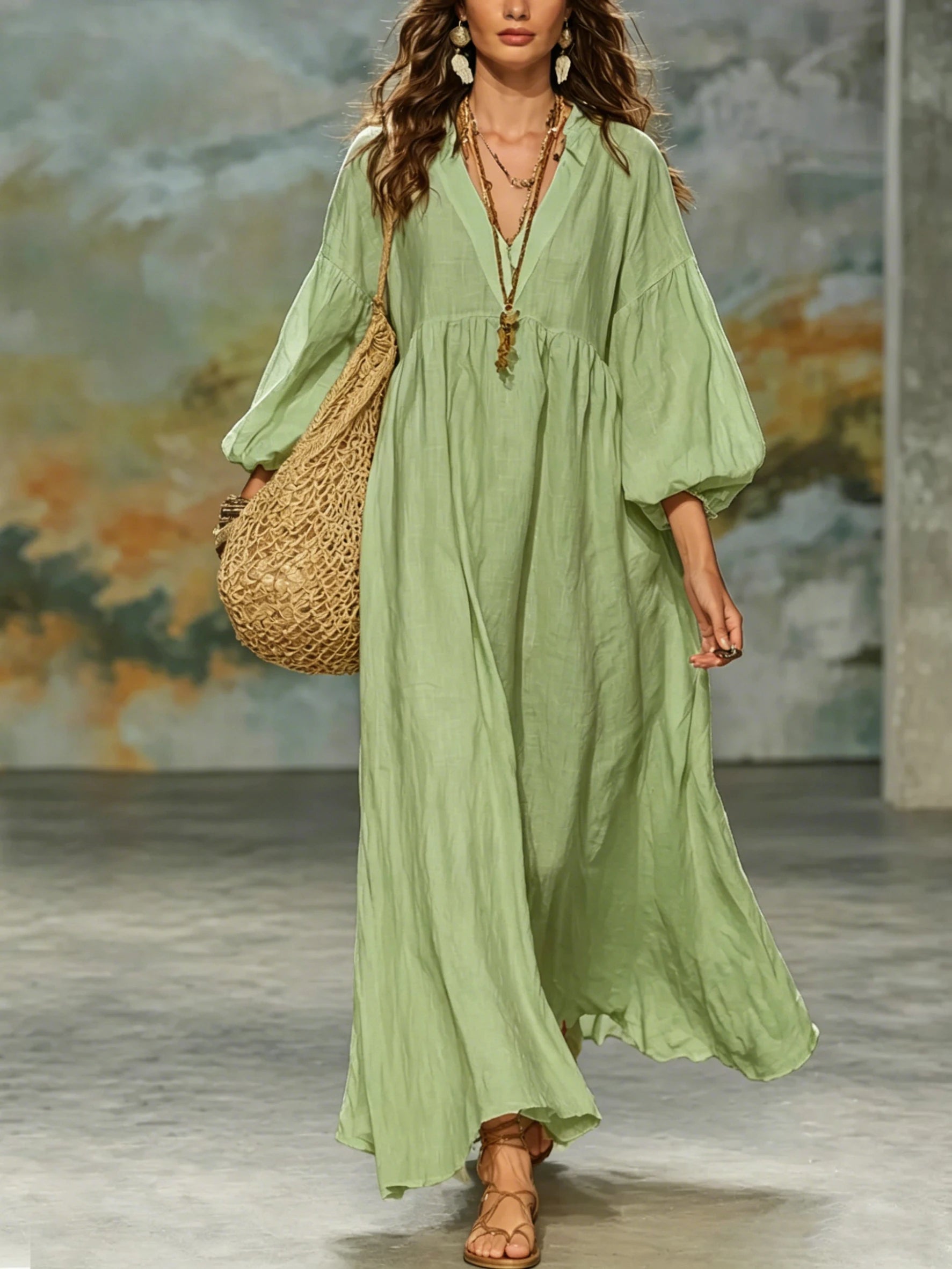 Women Bohemian Linen Maxi Dress V Neck Puff 3/4 Sleeve Loose Flowy Long Dress Casual Beach Vacation Sundress
