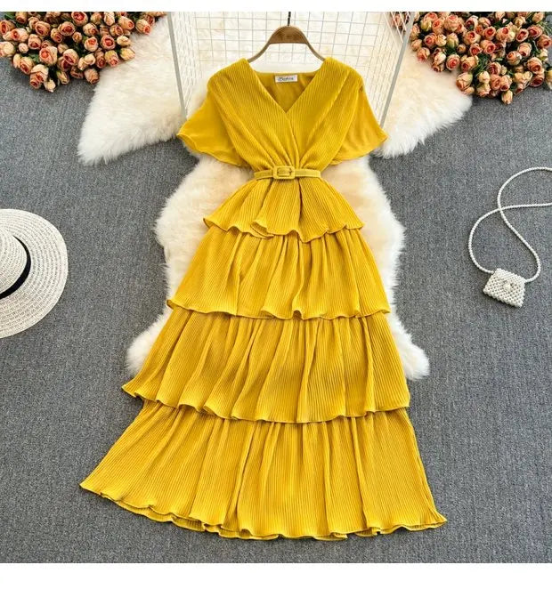 Beach Vaion Vintage Women's V-ne High-waist Cake Dr Ele Aosphere Maxi Skirt Loose Fit ort Sve Ci Commute