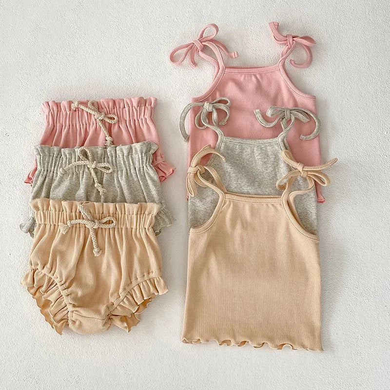 2026 New Summer 0-24M Toddler Baby Girl Clothes Suit Infant Baby Girls Clothing Set Sleeveless Solid Color Vest+Pp Shorts