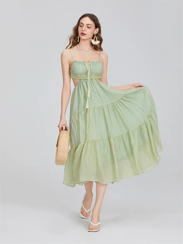 2024 Summer Women Flowy Long Dress Spaghetti Strap Cut Out Backless Ruffle A-line Dress Bohemian Party Holiday Casual Sundress