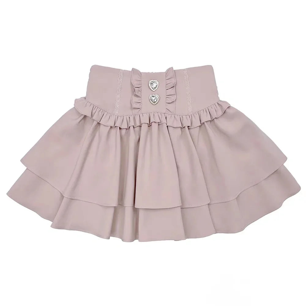 Japanese Cute Sweet Y2k Lolita Cake Skirt Women Hight Waist Rhinestone Plaid Ruffled Layered Skirts Kawaii A-Line Mini Skirts