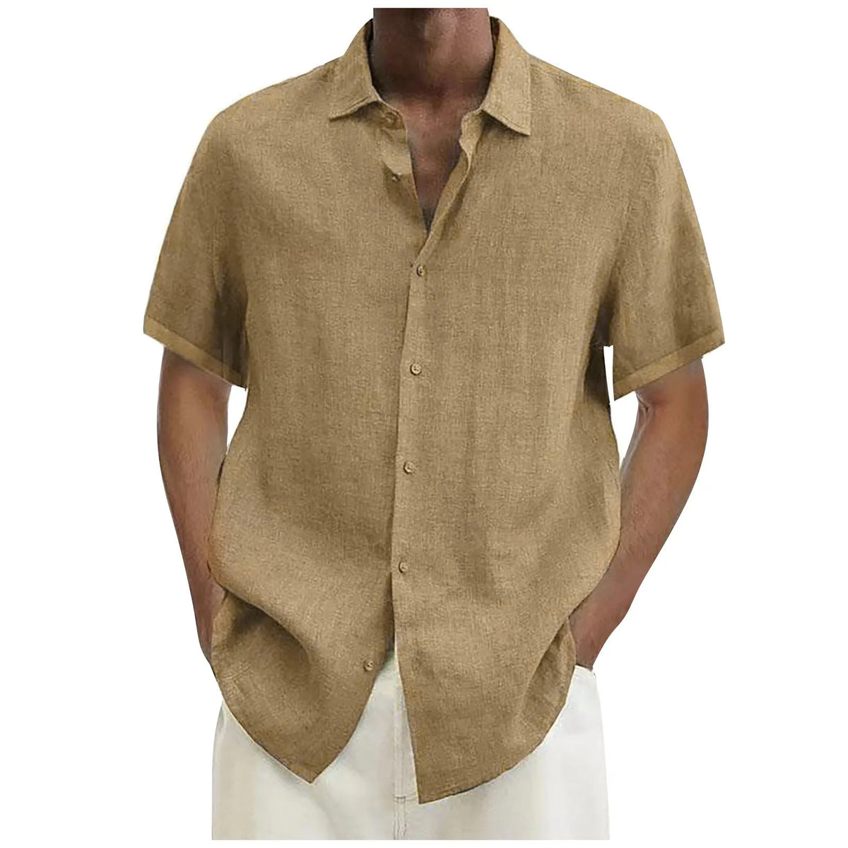 ISHOWTIENDA Men's Cotton Linen Short Sleeve Casual Shirt - Solid