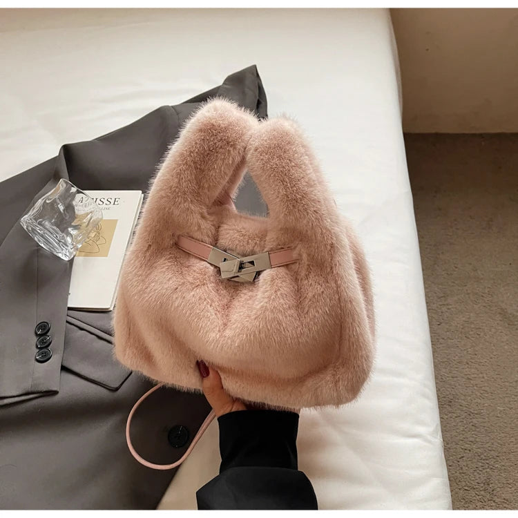 Fashionable Women's Bags Trend 2025 Faux Fur Shoulder Bags Plush Faux Mink Luxury Handbags Chic Crossbody Bag Solid Color Purses