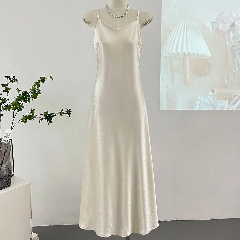 Elegant Women Spaghetti Strap Satin Dresses Summer V-Neck Solid Color Thin Sleeveless Long Dress Women A-Line Dress
