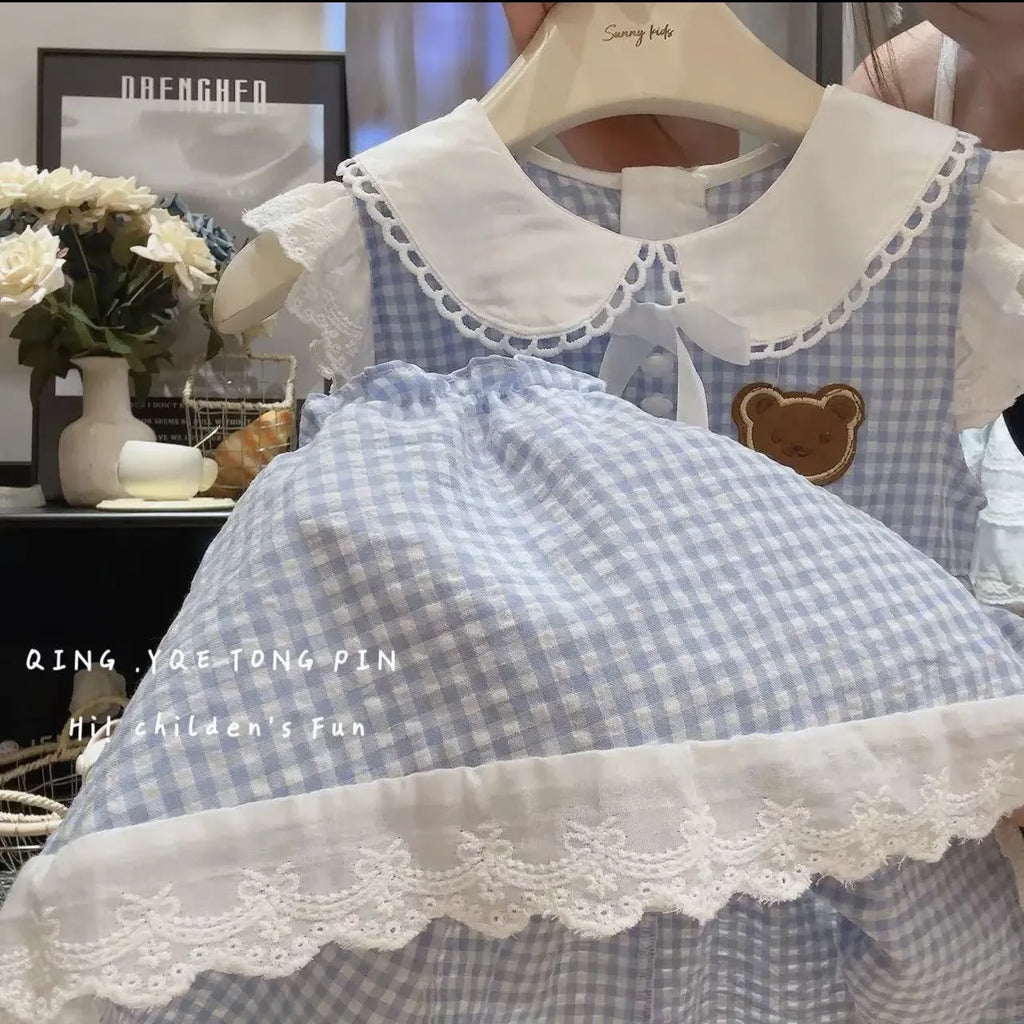 Somenie Girls Summer Home Dresses Kids Fashion Plaid Daily Casual Dress Cute Embroidery Bear Label Baby Outing Clothes