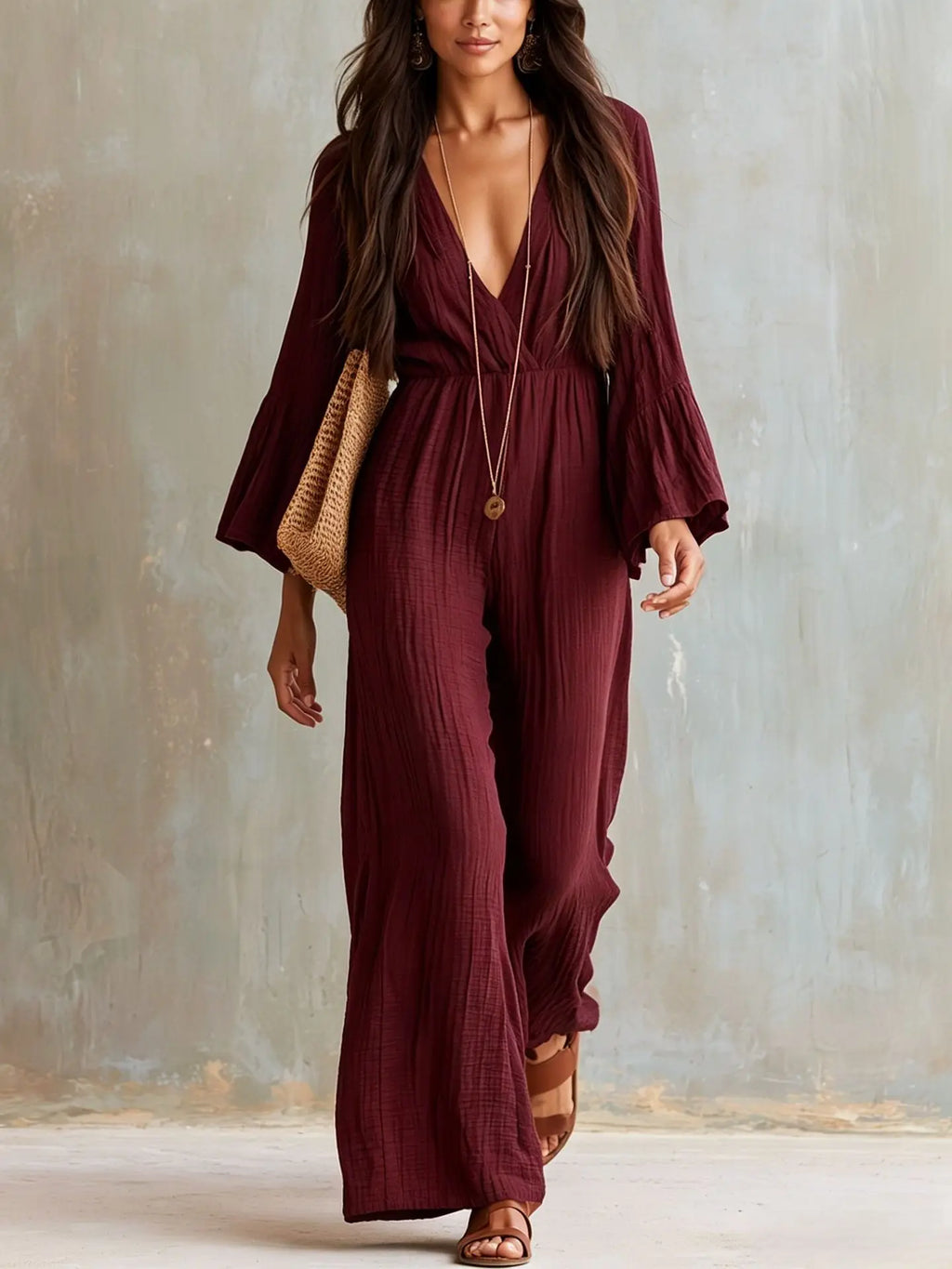 Elegant Women Flare Sleeve Jumpsuit Deep V Neck High Waist Wide Leg Casual Daily Party One Piece Romper