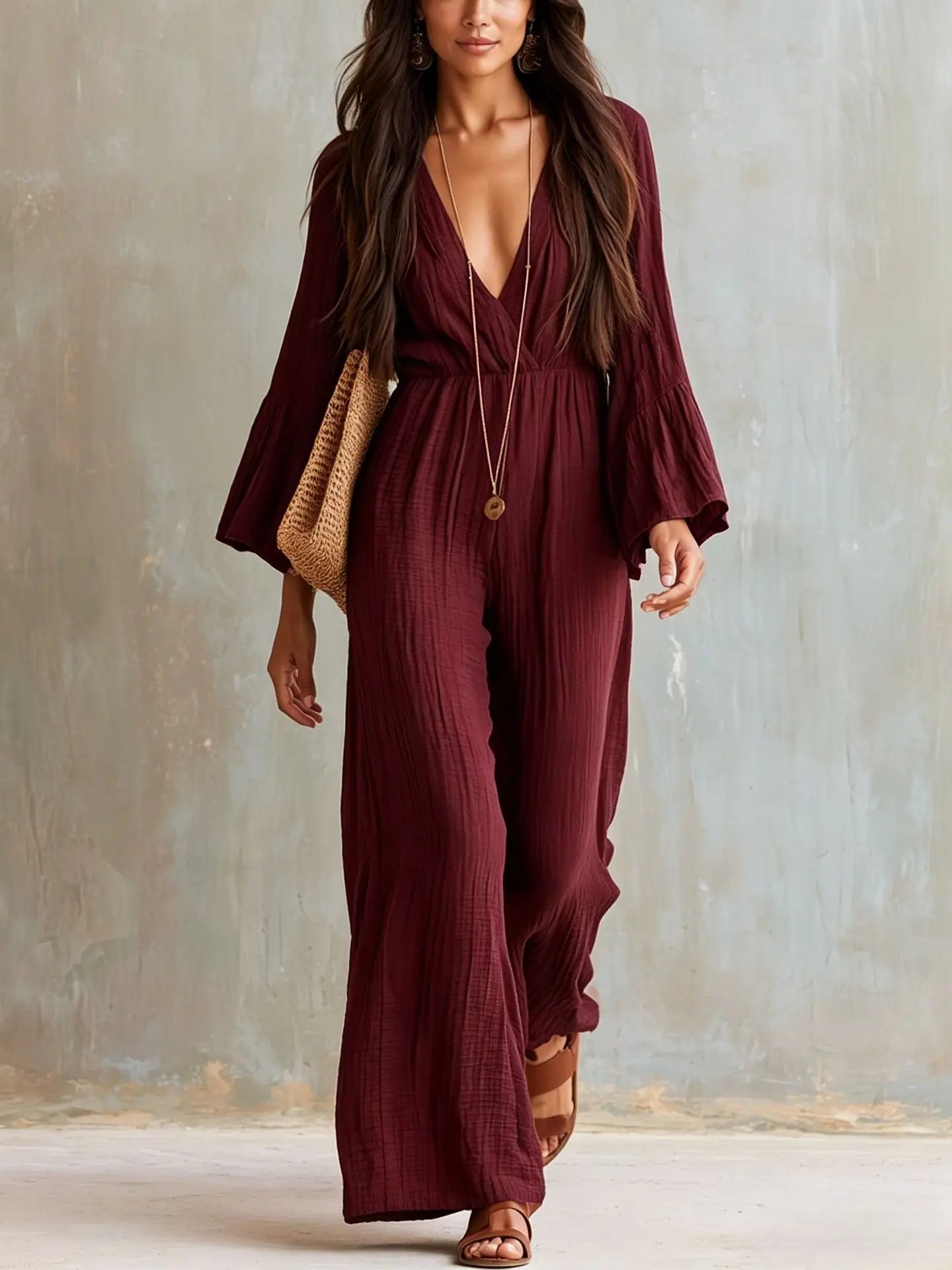 Elegant Women Flare Sleeve Jumpsuit Deep V Neck High Waist Wide Leg Casual Daily Party One Piece Romper