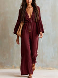 Elegant Women Flare Sleeve Jumpsuit Deep V Neck High Waist Wide Leg Casual Daily Party One Piece Romper