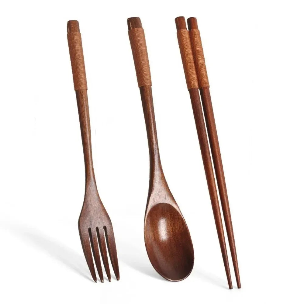 3-Piece Japanese Style Fashionable Wooden Cutlery Set - Includes Spoon Chopsticks And Fork for Elegant Dining Experience