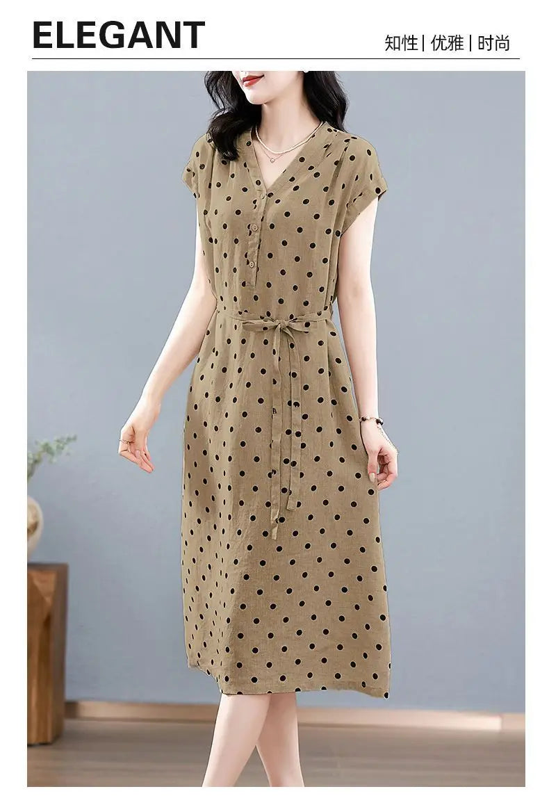 Cotton and Linen Dress French Polka Dot Print Fashion Long Skirt Summer New V-neck Casual Lace-up A-line Skirt
