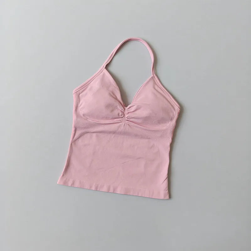 Longline Strappy Seamless Yoga Tank Top Ruched Backless Gym Workout Sleeveless Shirts with Built-in Bra Vest for Women