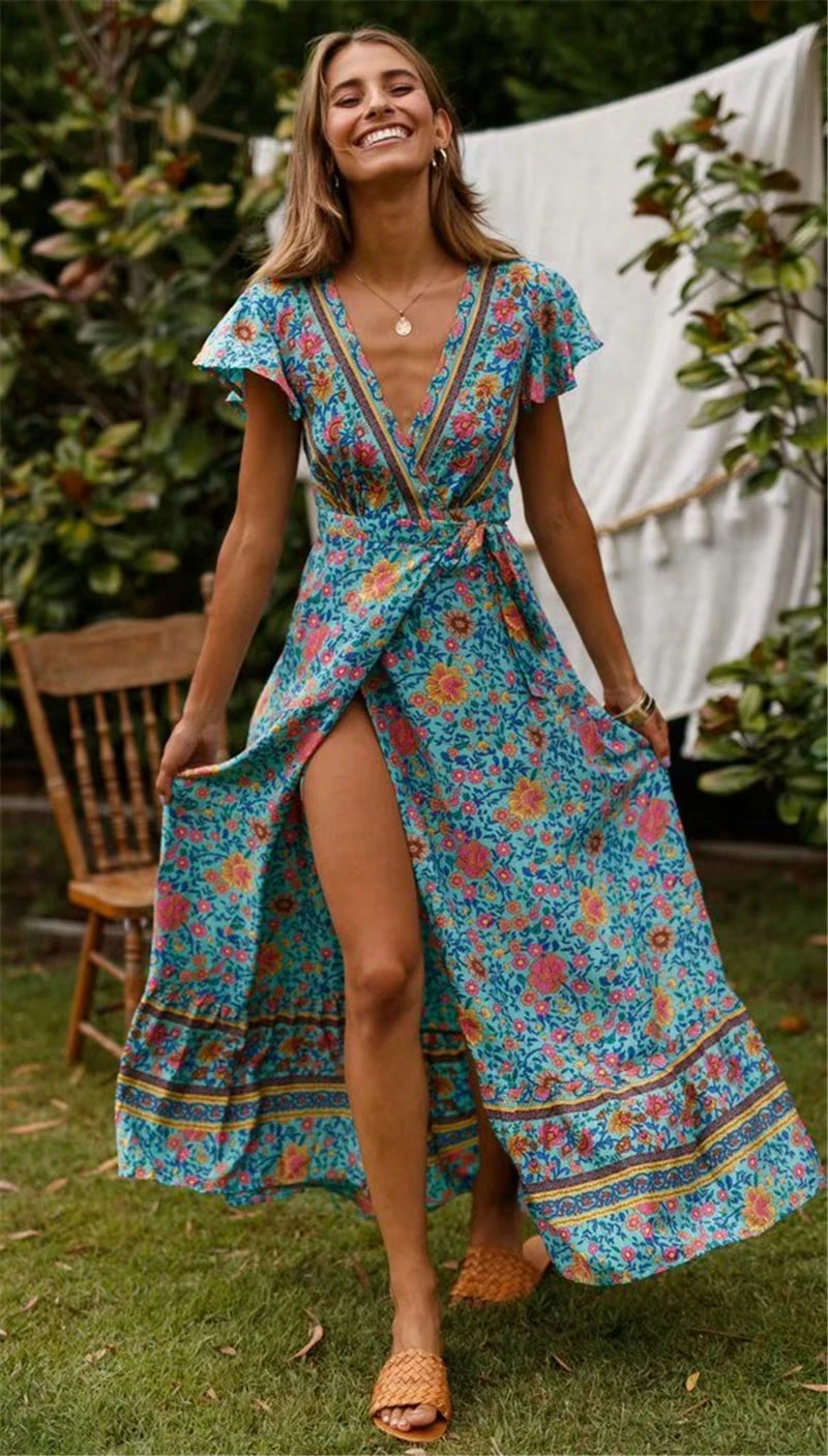 Ladies Sashes Boho Wrap Dresses Robe Bikini Cover-ups Women Floral Print Bat Sleeve Beach Bohemian Maxi Dress