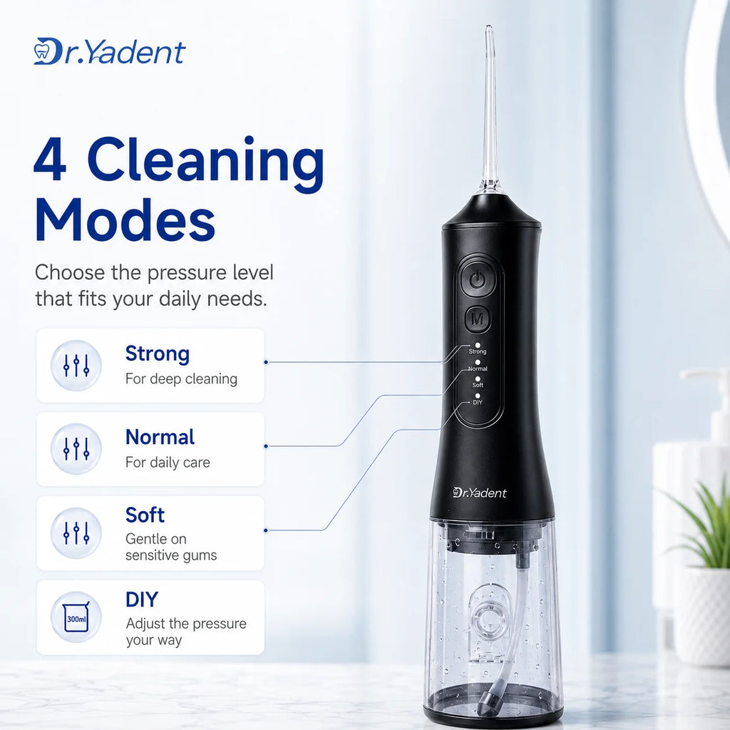 Dr.Yadent YD06 Irrigador Bucal Inalámbrico con Hilo Dental de Agua 300ML Chorro de Agua Portátil Carga Rápida USB-C 7 Boquillas 4 Modos IPX7 Impermeable