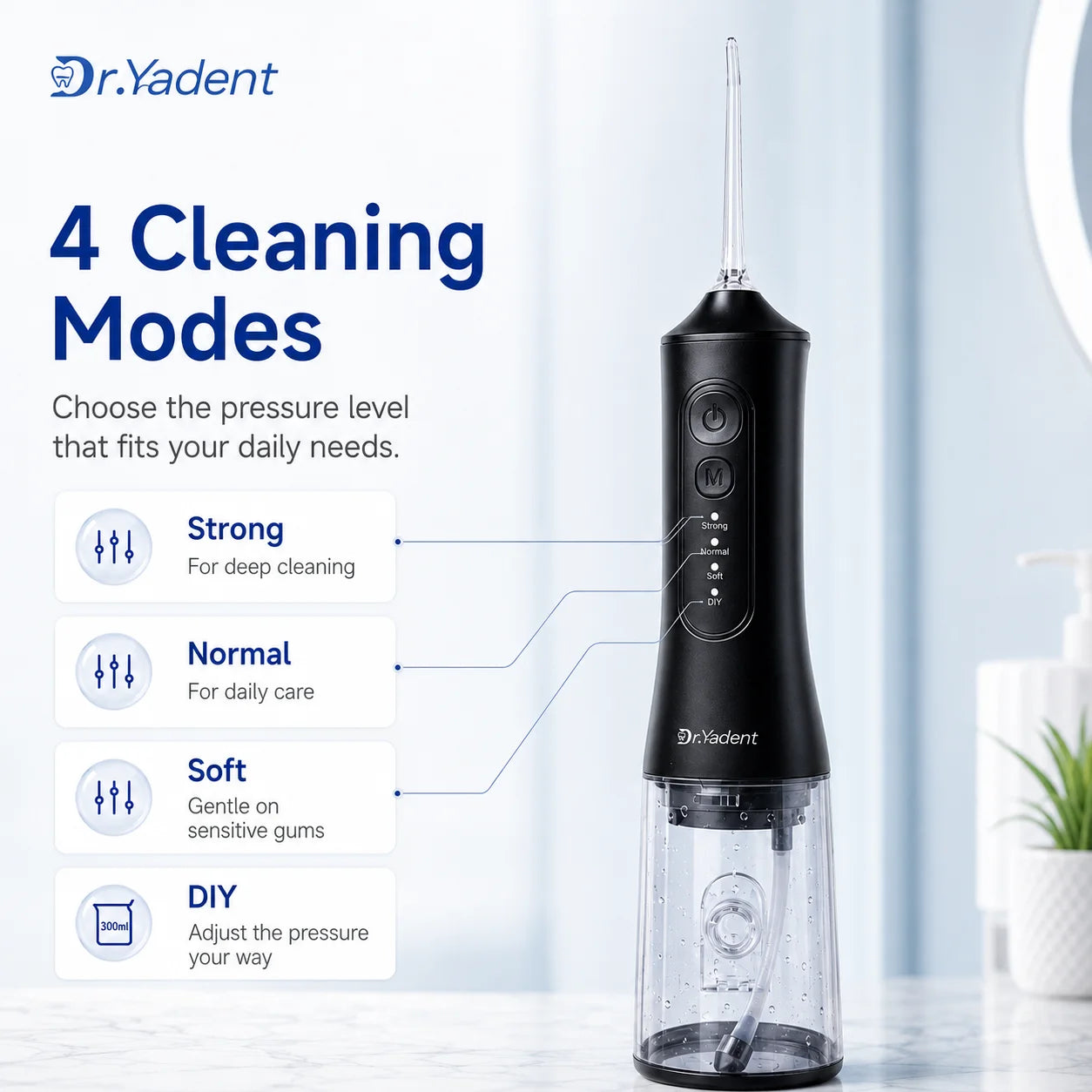 Dr.Yadent YD06 Irrigador Bucal Inalámbrico con Hilo Dental de Agua 300ML Chorro de Agua Portátil Carga Rápida USB-C 7 Boquillas 4 Modos IPX7 Impermeable