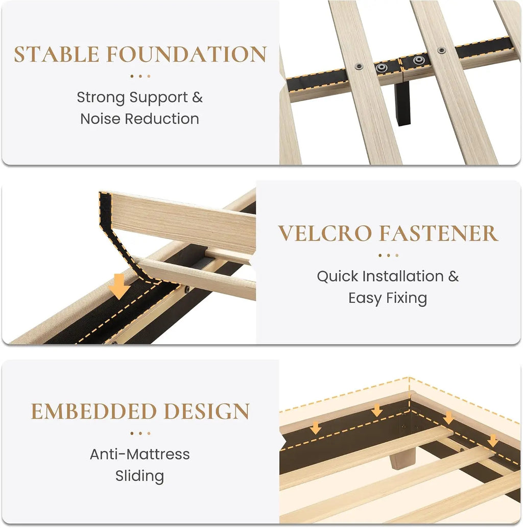 Linen Upholstered King Size Bed Frame with Headboard, Beige