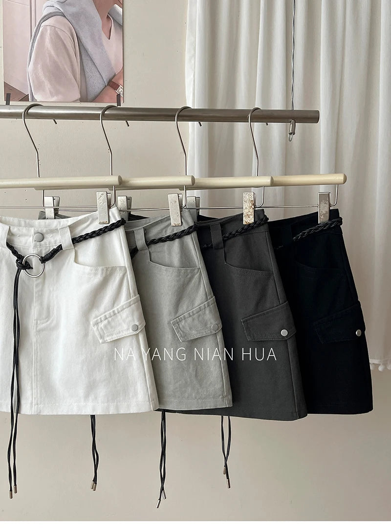 Beiyingni American Style Women's Short Denim Skirt Belt Vintage Fashion Summer High Waist A-line Skirts Female Streetwear Skirt
