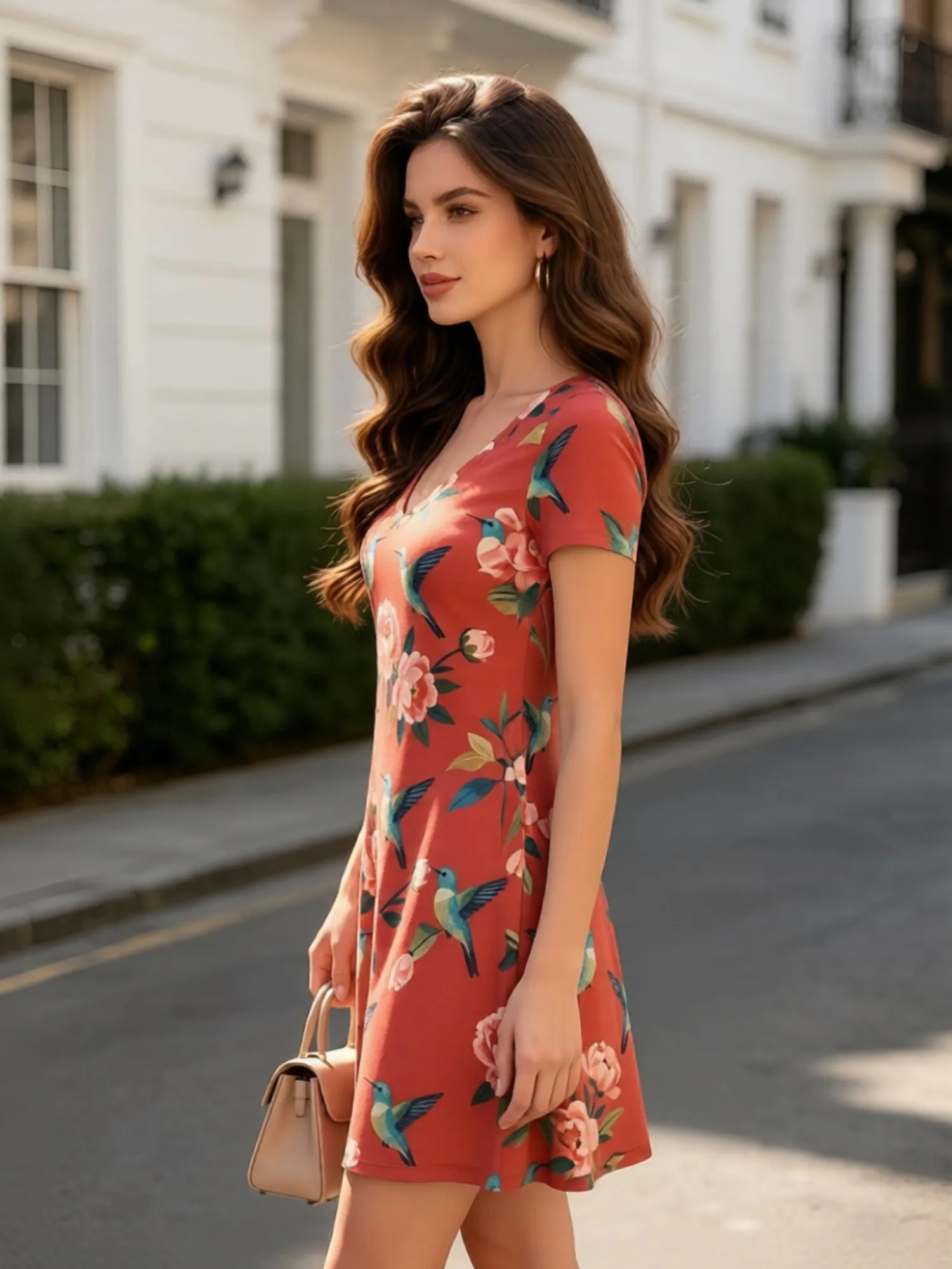 Womens V Neck Floral Print Short Sleeve Swing Dress Casual Flowy Summer Mini Dress for Everyday Style Travel Holidays and Events