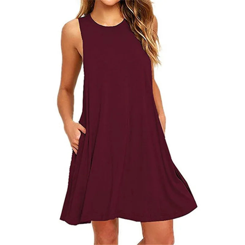 Women's Summer Casual Tank Dress with Pockets   Beach Cover-Up   Plus-Size Loose T-Shirt Dress