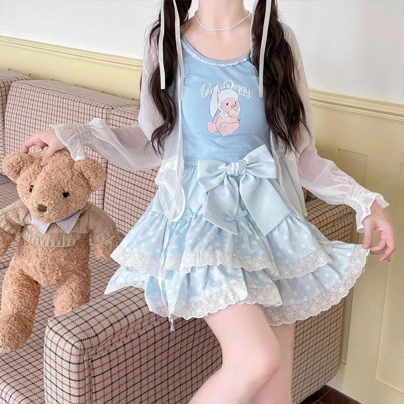 Zoki Kawaii Bow Cake Skirt Women High Waist Cute Dot Sweet Mini Skirts Fashion Casual Japan Female Solid Summer A Line Skirt New