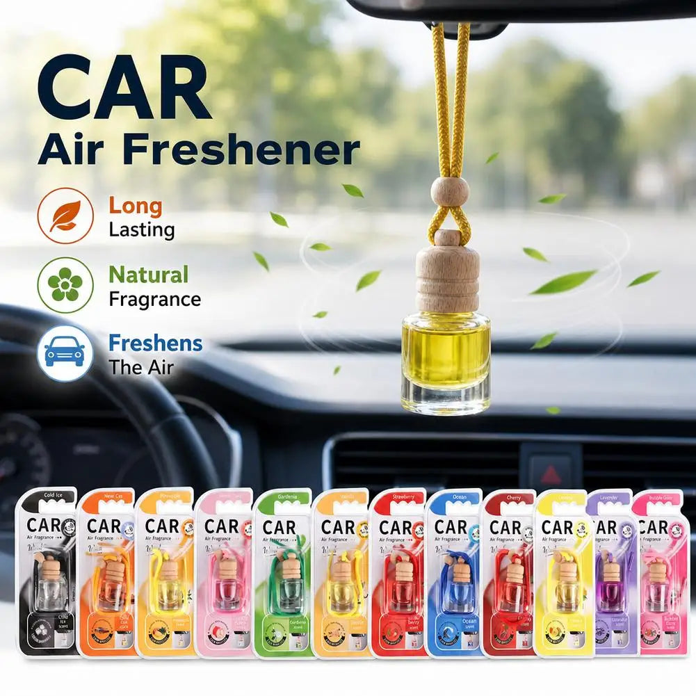 Hanging Car Air Freshener Refillable Glass Bottle Wooden Cap Essential Oil Diffuser Pendant Long Lasting Auto Perfume Ornament