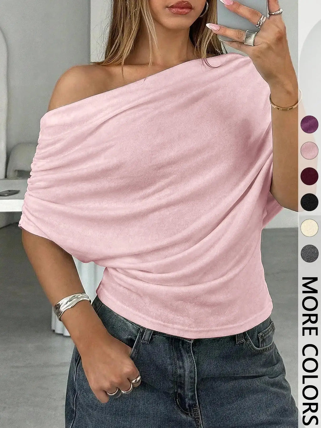 Women's Fashion Sexy Hot Girl One Shoulder T-Shirt 2026 Summer New Slim Bat Sleeve Solid Color Versatile Top T-Shirt Female