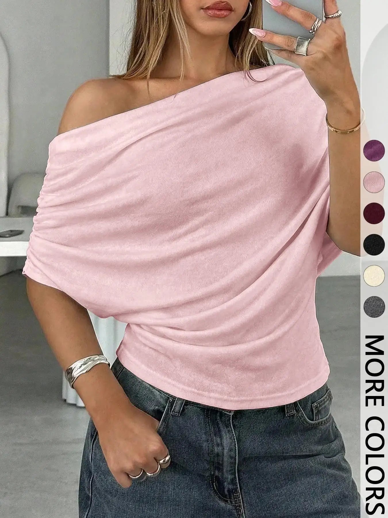 Women's Fashion Sexy Hot Girl One Shoulder T-Shirt 2026 Summer New Slim Bat Sleeve Solid Color Versatile Top T-Shirt Female