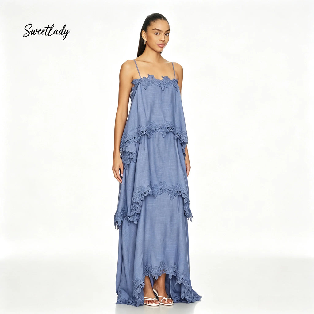 SweetLady Blue Spaghetti Strap Tiered Lace Trim Maxi Gown, Flowy Boho Layered Long Dress for Summer Holiday Bridesmaid