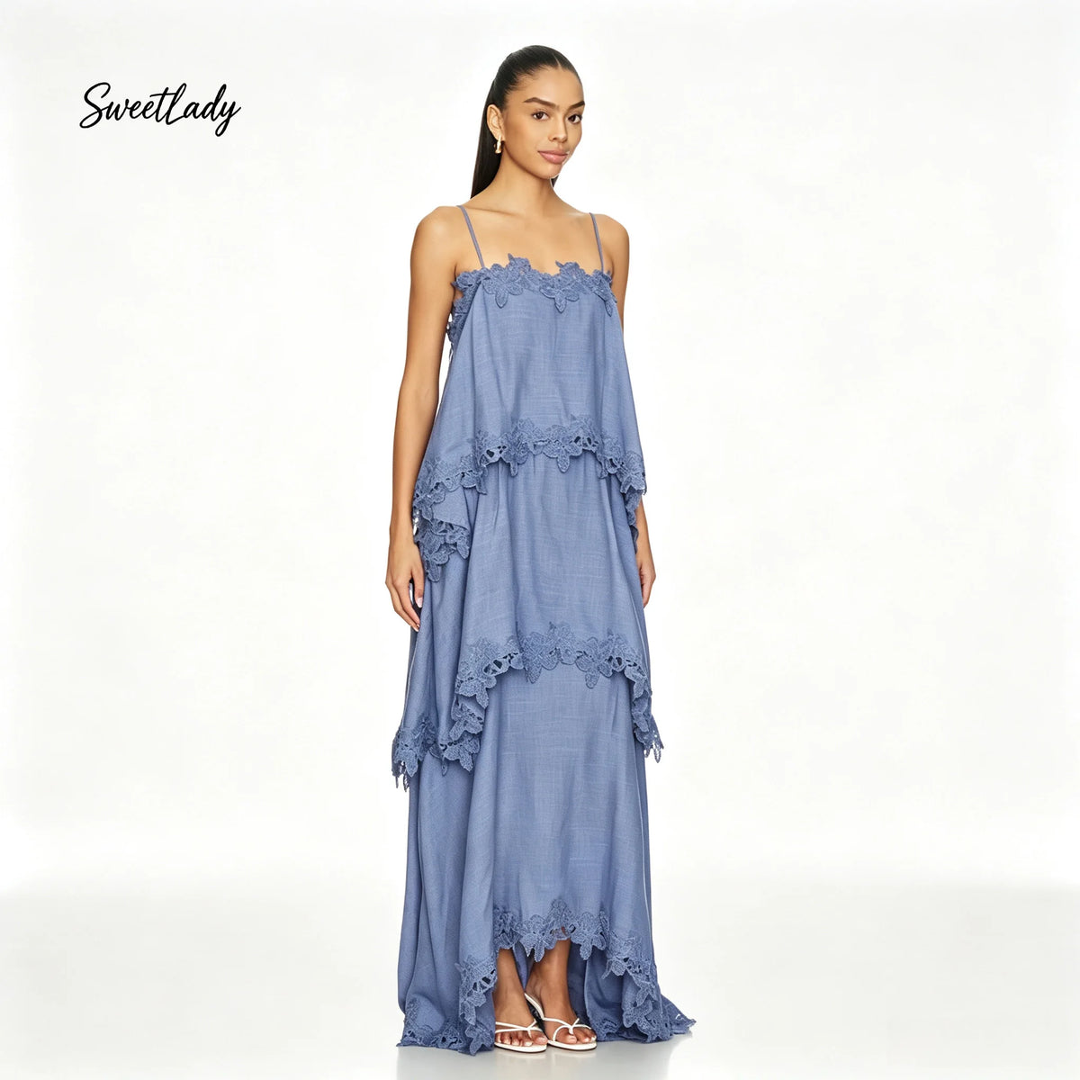SweetLady Blue Spaghetti Strap Tiered Lace Trim Maxi Gown, Flowy Boho Layered Long Dress for Summer Holiday Bridesmaid