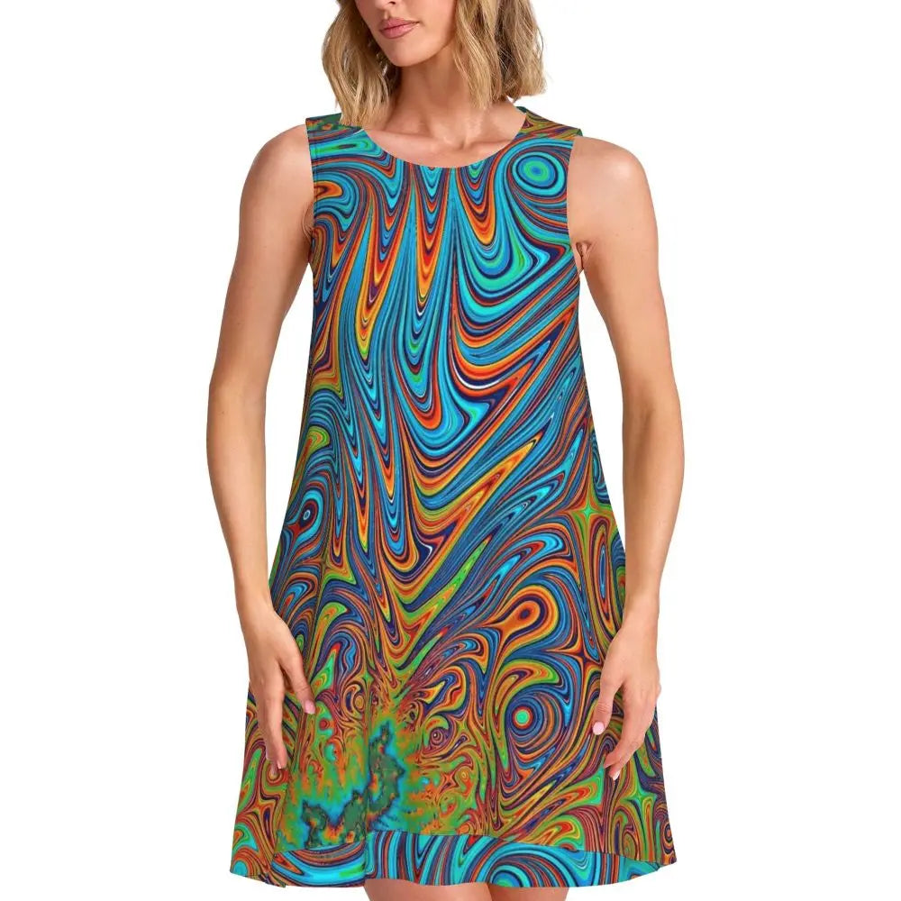 80s Color Block Print Dress Modern Dresses Female Sleeveless Street Fashion Tank Dress Day Print Oversized Vestidos