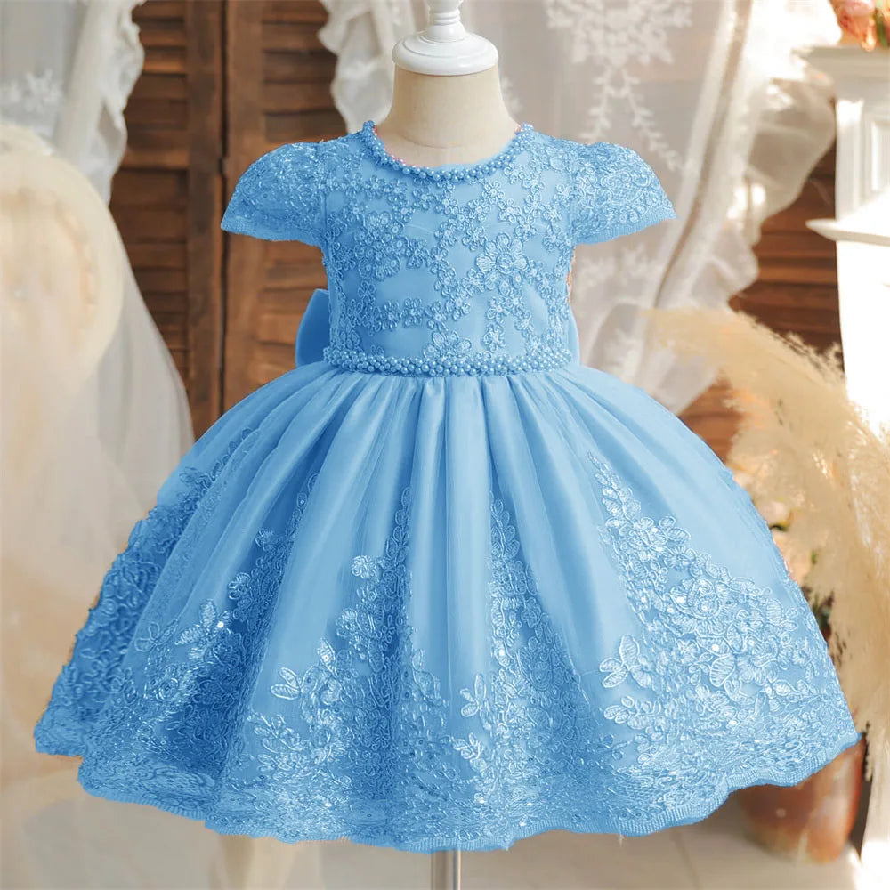 Beading Luxury Short Sleeve Lace Appliques A Line Formal Communion Girl Dress Bow Floor Length Princess Flower Girl Gown New