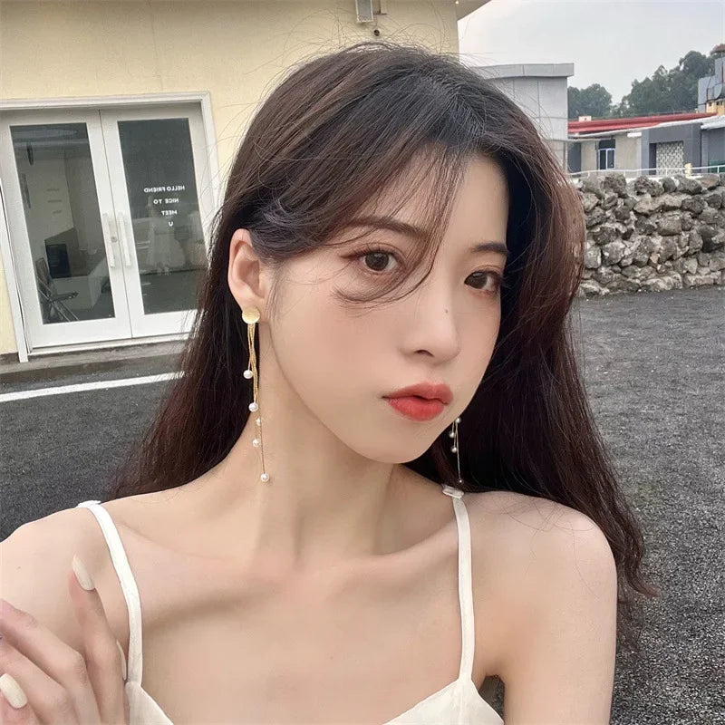 Korean Fashion Style Pearl Long Tassel Clip on Earrings for Women Simple Temperament Long Chain Non-piercing Ears Clip Earrings