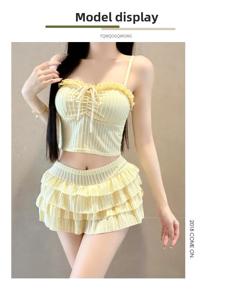 Summer 2 Piece Skirt Set Women Tube Top Tie Front Ruffle Mini Skirt Y2K Cute Holiday Beachwear